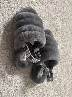 UGG Charcoal Plush Slider with Logo Strap